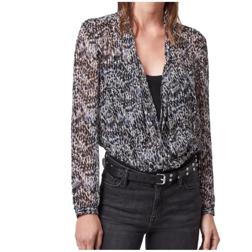 All Saints Bodysuit Surplice V Neck Black Feathered Pattern NWT Sz XS